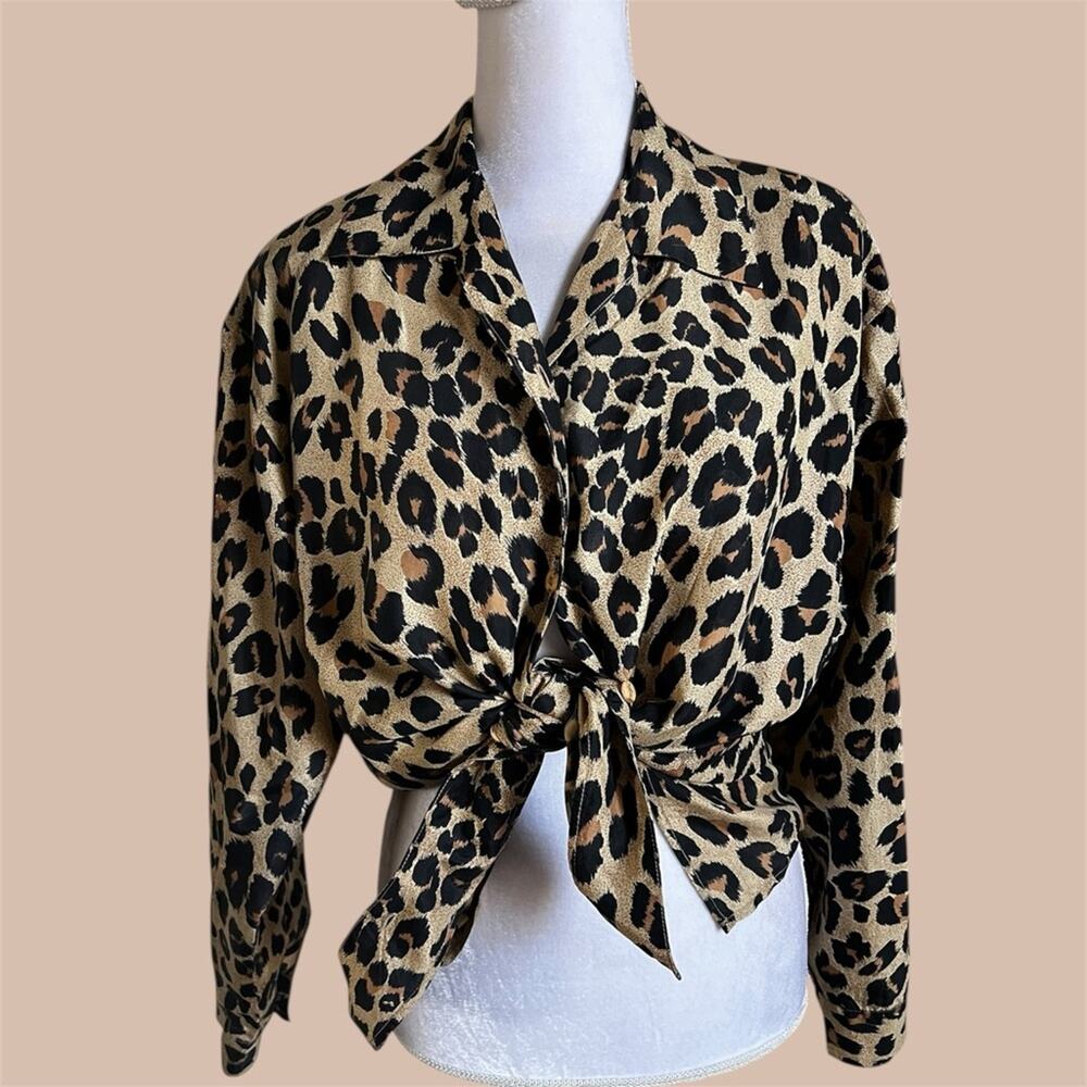 Stunt Collections Vintage 80s Silk Leopard Button Up Top Women’s Blouse Medium